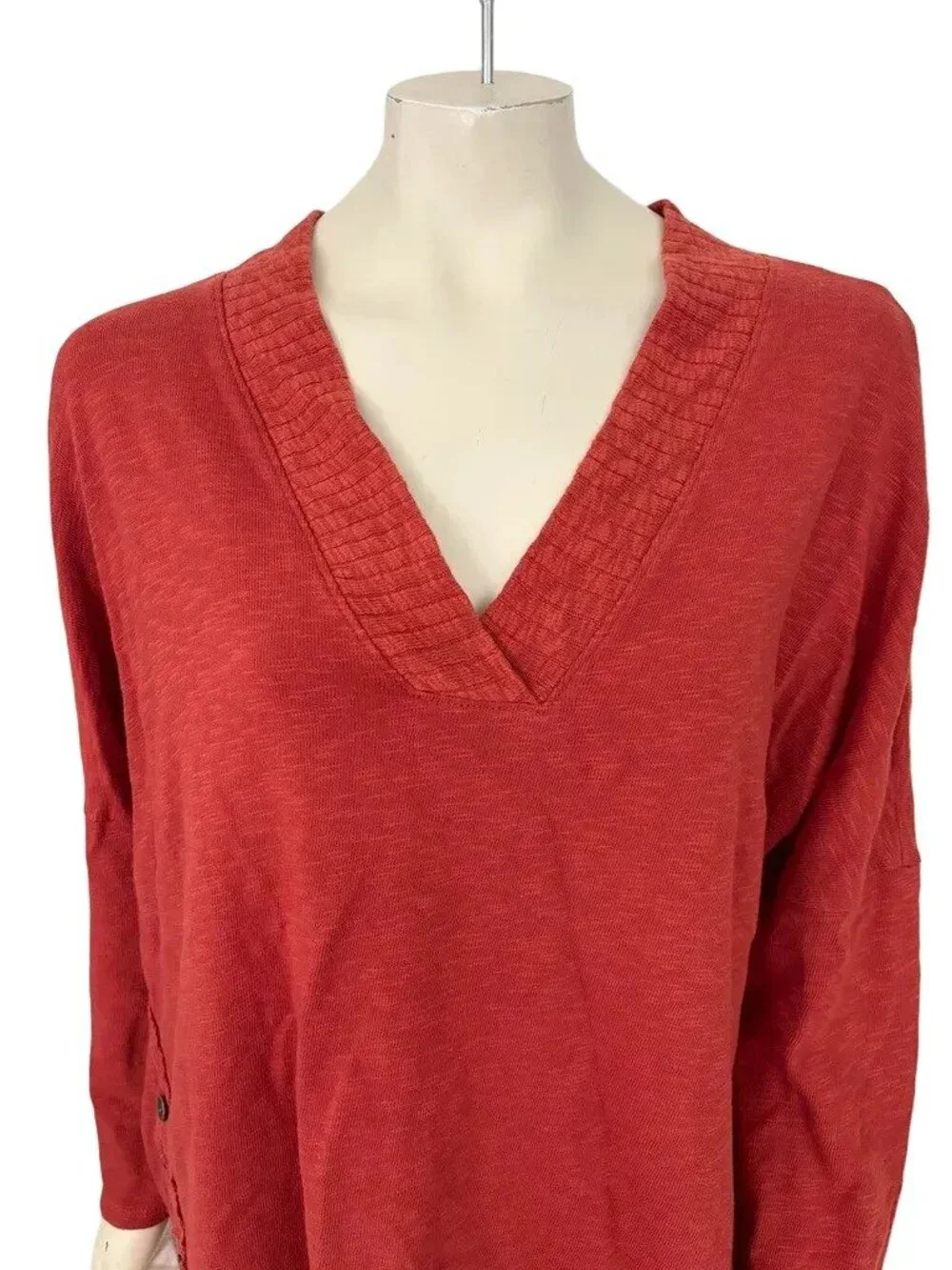 CHALET Slub Cotton Asymmetric Button Lagenlook Dolman Sweater Red Orange SZ L